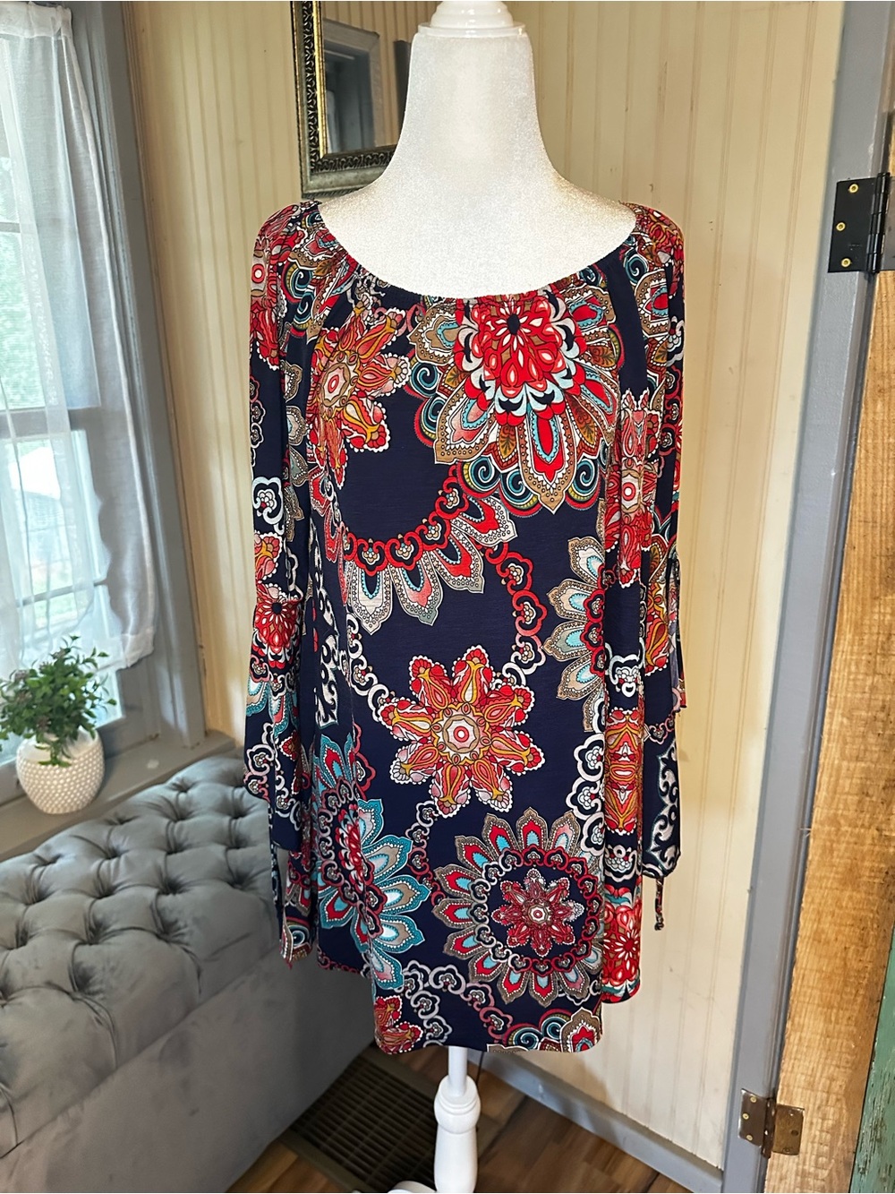 Honeyme Boho Paisley Floral Bell Sleeve Peasant Top Women’s Medium Tunic